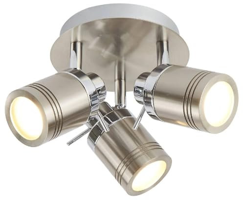 Britalia Satin Silver Chrome Bathroom 3 Lamp Adjustable Round Plate Ceiling Spot Light | 28cm Diameter | IP44 Rating | Cylindrical Heads | 3 x GU10 Lamps Required | 240V UK | Stainless Steel
