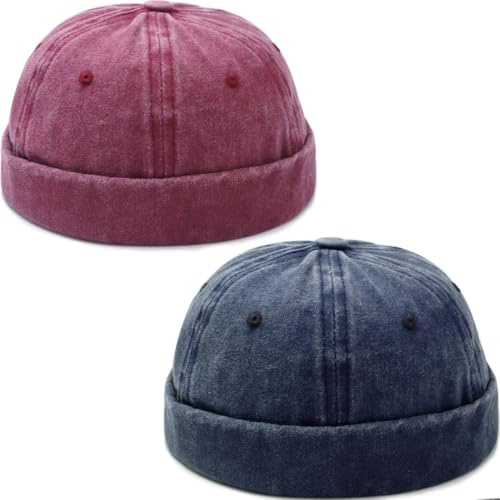 YeeHeen 2 Pcs Mens Dome Brimless Hats Sailor Docker Beanie Caps Street Skull Cap Navy + Wine Red