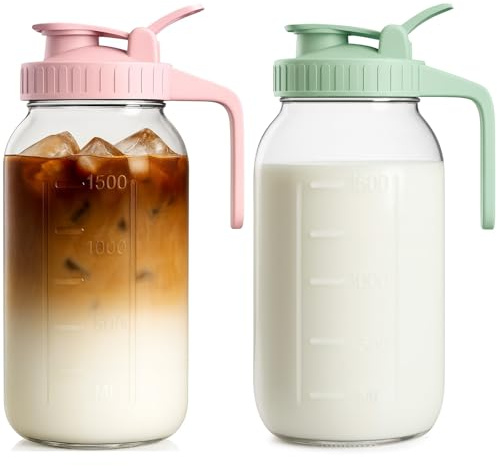 Mason Jar Pitcher Set of 2, 64oz (2quart) Glass Pitcher with Lid for Tea