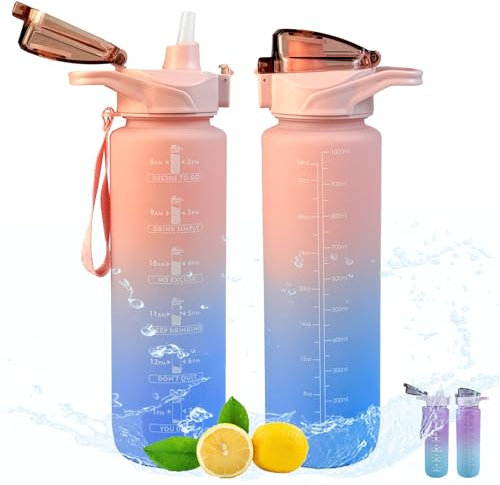 Gourde Sport 1L avec Paille, Gourde Motivation avec Marqueur de Temps, Étanche Réutilisable, Bouteille d'eau 1L pour Adulte et Enfant,Water Bottle sans BPA pour Cyclisme,Fitness,Bureau (Rose Bleu)