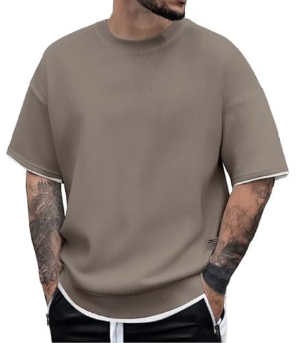 Tshirt Homme Oversize, Grande Taille Oversize Unis Tee Shirt Manches Courtes Long Ete Décontractés Chemise Coupe Large Sport Col Rond T-Shirt, Coffee, 3XL