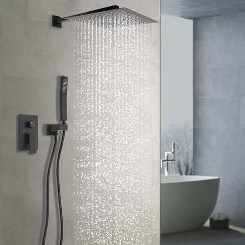 Mqwdxzfes Rainfall Ensemble de douche encastré, système de douche à effet pluie, avec thermostat et robinet, noir, carré, pommeau de douche, douchette à main, douchette à effet pluie, 30 x 30 cm