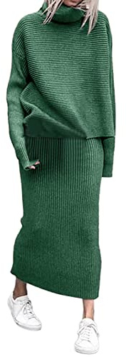 Conjunto de falda de invierno de 2 piezas, suéter de lana de punto acanalado, cuello alto, para mujer, elegante, vestidos casuales para mujer, verde, M