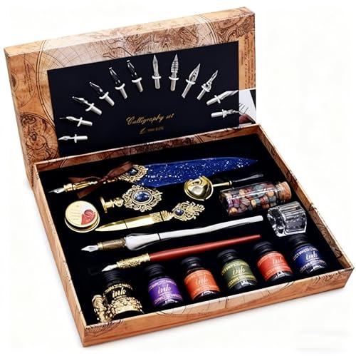 ASXMA Calligraphy Feather Dip pen set with 6 bottles of ink,Quill Pen,Wooden Dip Pen,Glass Dip Pen,Wax Seal Stamp Kits,Pen Holder,spoon,Letter opener, Christmas Gift for Men&Women