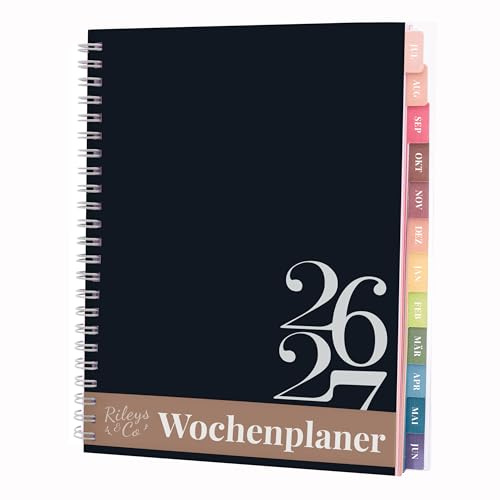 Rileys 2026-2027 klassisk akademisk planerare, 20x15 cm (svart, tyska) | Anteckningssidor, tvillingtrådbindning, veckoagenda för skola och arbete