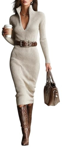 Vestido tipo suéter para mujer, ajustado, cuello alto, cuello alto, cuello en V, manga larga, vestido de punto con cinturón, vestido midi casual para otoño, beige, L