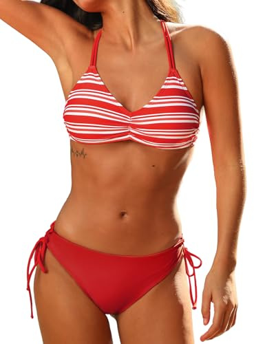 CUPSHE Conjunto de bikini para mujer con tirantes trenzados en la parte trasera Bañador a rayas Braguita reversible Traje de baño de dos piezas, rojo coral, XS