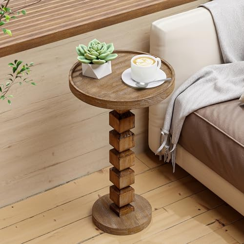 COZAYH Farmhouse Pine Wood End Table with Stacked Column Base, Rustic Round Pedestal Side Table for Living Room or Bedroom, Drink Table, Distressed Natural Finish, Natural Wood Color