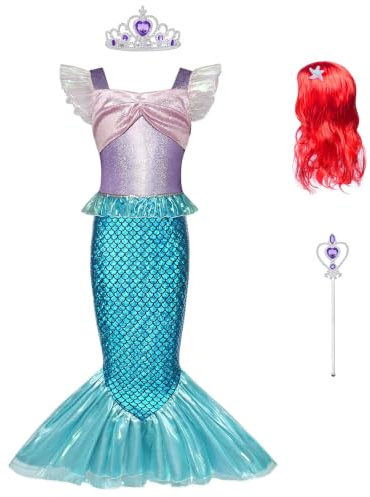 BSBUY Sjöjungfrudräkt flicka flygande ärmar Arielle prinsessklänning sjöjungfru klänning barn lila prinsessklänning med röd peruk krona promenadkäpp karneval halloween cosplay 110~150