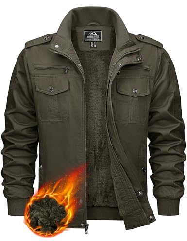 KEFITEVD Men's Fleece Cargo Army Jacket Warm Spring Military Dogfight Jackets Pilot Thick Cotton Coat, L, Army Green