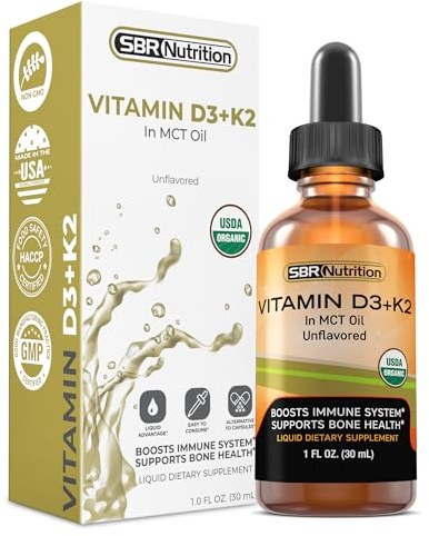 SBR Nutrition MAX Absorption, Vitamin D3 + K2 (MK-7) Liquid Drops with MCT Oil, Unflavored, Helps Support Strong Bones and Healthy Heart