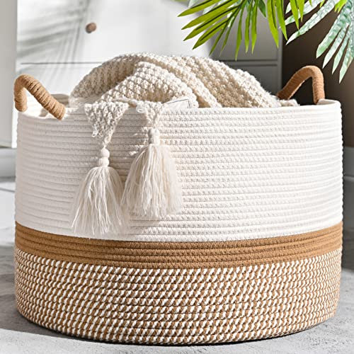 KAKAMAY Large Blanket Basket (20x13),Woven Baskets for storage Baby Laundry Hamper, Cotton Rope Blanket Basket for Living Room, Laundry, Nursery, Pillows, Baby Toy chest (White/Brown)