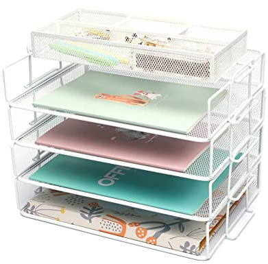 Exerz Stackable Paper Sorters 4pcs with an Accessory Organiser/ 4 Tiers Letter Trays with Extra Divider Memo Holder On Top - Metal Desk Organiser Office, School, Home