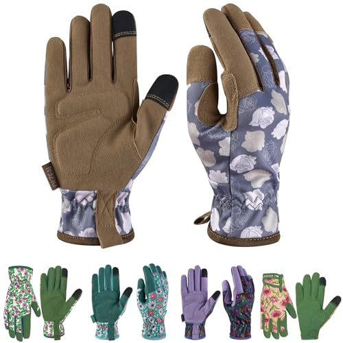 Guantes de Jardinería para Mujeres y Hombres, Guantes de Jardín con Pantalla Táctil, Guantes de Trabajo Resistentes a Espinas y Perforaciones, Regalos de Jardinería para Mujeres (flor marrón, M)