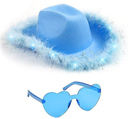 Funcredible Blue Cowboy Hat and Glasses – Light Up Cowgirl Costume Accessories for Women – Feathered Halloween & Festival Headwear