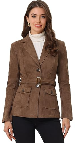 Allegra K Women's Faux Suede Blazer Belted Lapel Outwear Single Breasted Work Jacket Medium Dark Brown