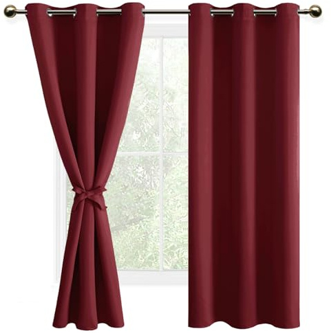 DWCN Blackout Curtains with Tiebacks for Bedroom Thermal Insulated Solid Eyelet Curtains for Living Room,2 Panels,46 Wide x 72 Drop Burgundy