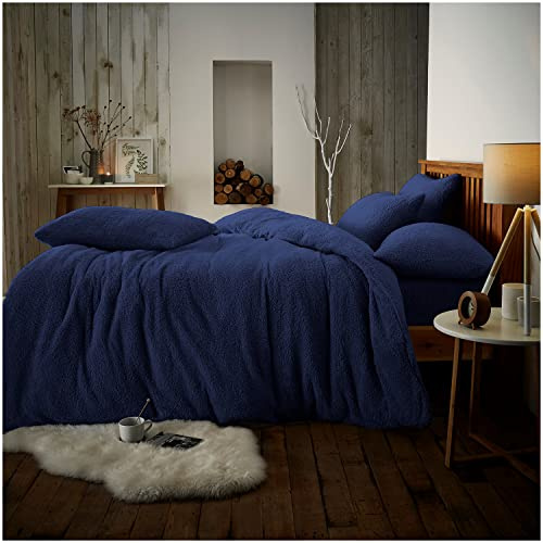 GC GAVENO CAVAILIA Teddy Bear Fleece Plain Double Duvet Cover Set - Navy | Luxury Teddy Fleece Soft Cuddly Thermal Warm & Cosy Fluffy Double Bed Bedding Set - Perfect For Winter - 200 Cm x 200 Cm