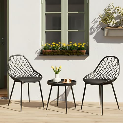 buybyroom Tavolino e Sedie da Balcone, Tavolo Balcone con Sedie Adatto per Balcone, Giardino e Soggiorno, Piedi di Tavolo e Sedia in Metallo Con Piastrelle Regolabili, Nero