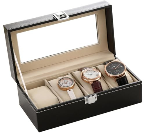 VHVYWY Porta Orologi a 24 Scomparti, Scatola Portaorologi con Coperchio in Vetro, Custodia per Orologio in Pelle PU per Maggior Parte Degli Orologio per Uomo Donna 4 - Grids