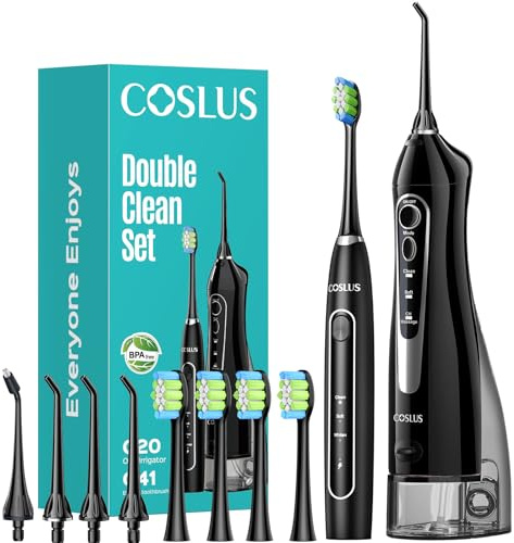 COSLUS Kit di pulizia orale 2 in 1 per denti, bretelle, gengive, spazzolatura e filo interdentale, per adulti, famiglia, viaggi, senza BPA, nero, C20 e C41