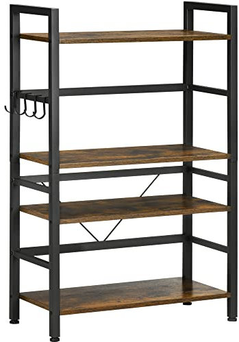 HOMCOM Estantería de Cocina de 4 Niveles Estante de Cocina con 4 Estantes Ganchos y Sistema Antivuelco Estantería para Microondas 65x30x102 cm Marrón Rústico y Negro