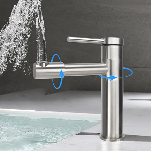 VirtuGro Robinet Salle Bain Pivotant 720° Mitigeur Lavabo Monocommande à bec Chaud et Froid Mitigeur Salle de Bain en Acier Inoxydable Robinet Lave Main avec Cartouches Céramiques Brossée Argent