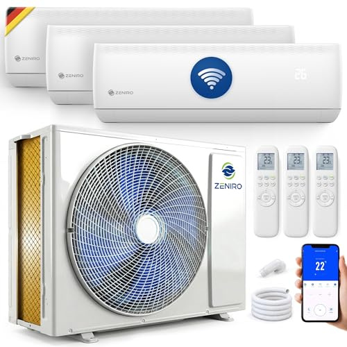 ZENIRO Multi Split Klimaanlage 3 Innengeräte Set (3 x 3,5kW) Klimagerät Air Conditioner mit Heizfunktion 27000 BTU 5,3kW A++ WiFi/App-Steuerung 4D AirFlow Heizen bis -20°C Vorgefüllt R32