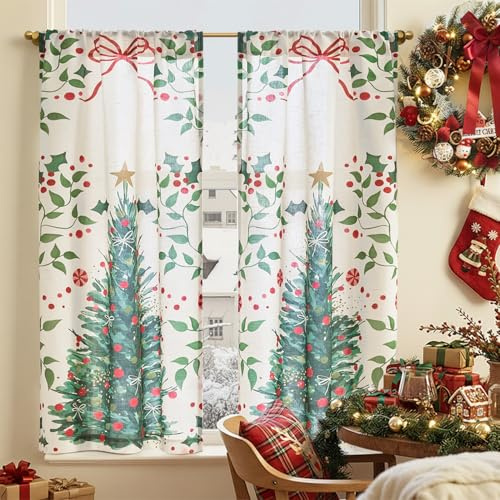 TOPICK Decorative Christmas Tree Kitchen Curtains 45 Inch Drop, Linen-look Short Cafe Curtains for Small Window, Rod Pocket Half Window Curtain 2 Panels for Sink Basin, Utility Room, W26 x L45, White