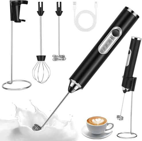 TIDEVAN Espumador de Leche Recargable USB Recargable Batidor de Leche Electrico Espumador de Leche Electrico de Mano con Batidor y Soporte de Acero Inoxidable, para Capuchino, Café, Matcha (Negro)
