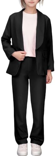 Generisch Traje Pantalones de Traje Chaqueta Niña Color Sólido Frente Abierto Manga Larga para Niños Niñas Talla 5 14 Años, Negro , 9-10 años