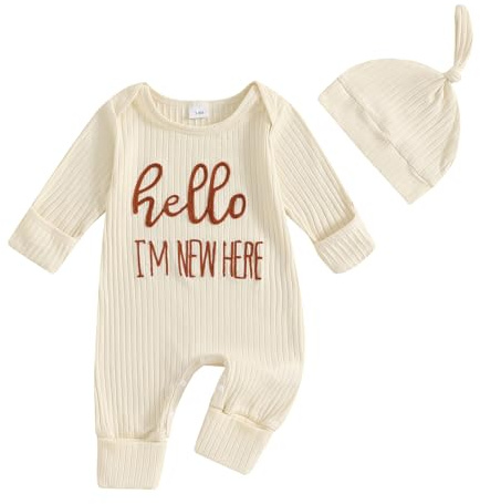 Geagodelia Baby Boy Romper + Hat Baby Grows Newborn Clothes Outfit One Piece Autumn Spring Jumpsuit Overall (Hello I'm New Here - Beige, Newborn)