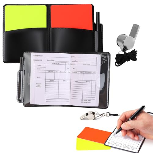 Soccer Referee Card Set, 2pcs Warning Red & Yellow Cards, Leather Wallet, Recording Papers, Pencil & Whistle – Sport Football Soccer Referee Wallet For Football Matches, Training & Sports Games