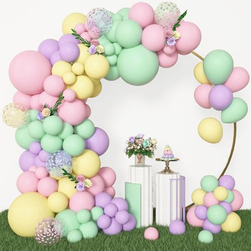 BlueCloudy 153pcs Kit de Arco de Guirnalda de Globos Pastel, Diferentes Tamaños 45 30 25 12 cm, Globos Pastel Rosa Amarillo Verde Morado con Confeti para Decoraciones de Cumpleaños Primavera