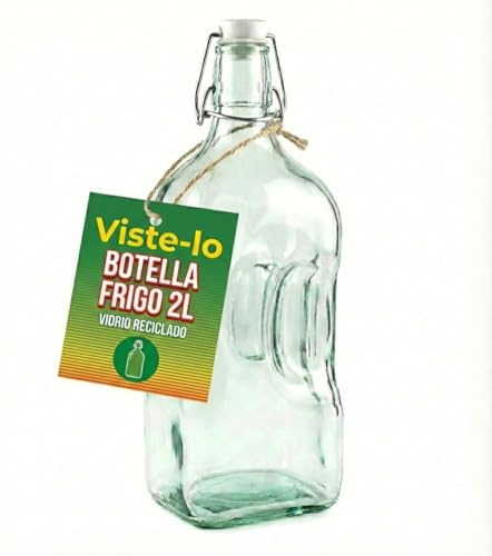Botella Cristal Vidrio Reciclado Con Tapón Hermético Amarre Metálico Ecológica Resistente Para Agua Zumo Bebidas Frías Uso Diario Lavavajillas Oficina Hogar Cocina Exterior (Frigo 2L)