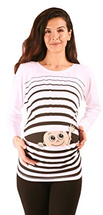 M.M.C. Mammaskjorta långärmad dam med vink-motiv – mammamode t-shirt för graviditeten, rynkfri som växer med 95 % bomull, S till XL, Vit, L
