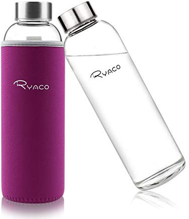 Ryaco Trinkflasche aus Glas 1 liter /1l - Glasflasche 750ml - 550ml mit Neoprenhülle - Glastrinkflasche mit Schraubverschluss - Wasserflasche Glas für kohlensäurehaltige Getränke - spülmaschinenfest