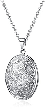 PiercingJak - Collar de medallón para fotos con colgante ovalado y apertura personalizado, diseño de flor vintage, portafotos de acero inoxidable, regalo de cumpleaños, día de San Valentín, día de la