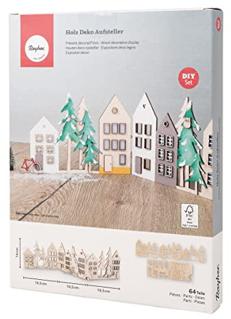 Rayher Holz Aufsteller Häuser, 3 Teile je 19,5 cm,Gesamtbreite ca. 58, Höhe 14 cm, Holzbausatz 64teilig,FSC Mix Credit,Weihnachtsdekoration,Holzdekoration , Natur, 3x19,5x14cm, 64520505