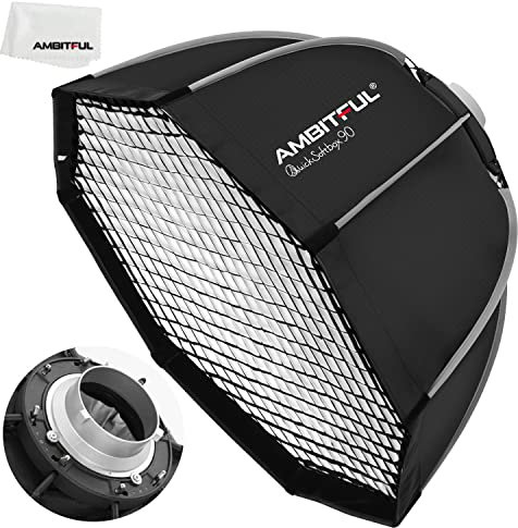 AMBITFUL Bowens Mount Softbox - Softbox de instalación rápida + rejilla de panal para estudio estroboscópico de fotografía al aire libre (octágono de 90 cm)