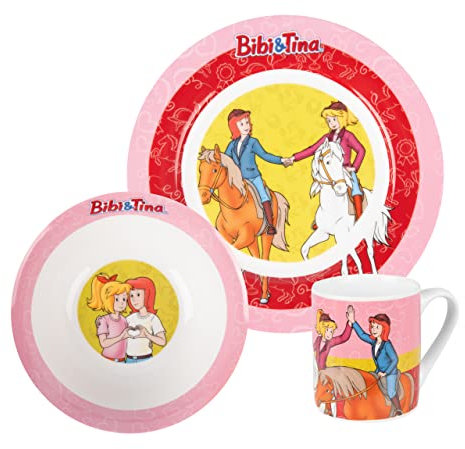 United Labels Bibi & Tina 3-teiliges Geschirrset für Kinder, Rosa Rot, Frühstücksset aus Porzellan mit Teller Ø 19 cm, Tasse 220 ml und Schale 330 ml, Kindergeschirr