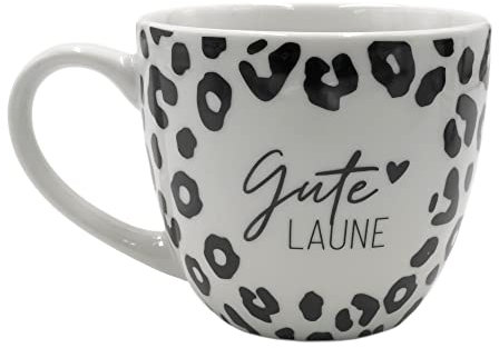 Dekohelden24 Maxi-XXL Kaffeebecher/Tasse aus Porzellan, schwarz-weiß Muster, Motiv: Gute Laune, Größe H/Ø: 9,2 x 10,5 cm, Fassungsvermögen 400 ml, Spülmaschinengeeignet, Leo-Print, 9,2 cm