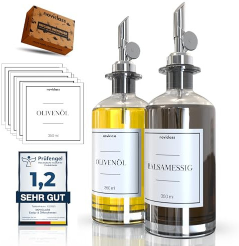 noviclass® Ölflasche Essig und Ölflaschen Set Flaschen zum Befüllen (2x350ml mit Etiketten und Trichter)