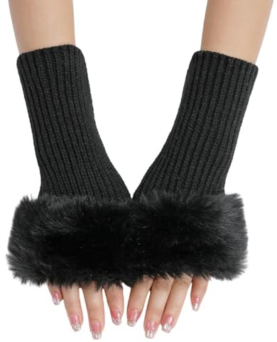 SMED Guantes peludos cortos de grano fino guantes de lana para mujer con mangas falsas mangas tejidas cálidas sin dedos negro talla única