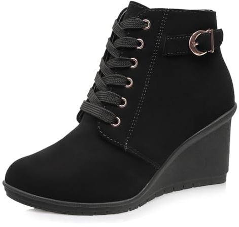 Dernolsea Women's Wedge Ankle Boots, Lace Up Zip Ladies Chunky Platform Boots Black Size 6