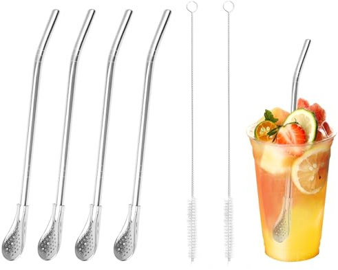 4 Pezzi Cannucce Cucchiaio in Acciaio Inossidabile, Cucchiaio di Paglia Riutilizzabile, Cannuccia con Cucchiaio in Acciaio Inox con 2 Spazzole, Yerba Mate Tè Cannuccia per Cocktail, Frullati, Bevande