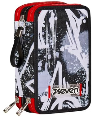 Seven Federmäppchen, Mäppchen, Mehrfarbig, Federtasche für Schreibwaren, Etui komplett mit Bleistiften, Filzstiften, Schulmaterial, mit 3 Fächern, Mädchen, Schule - Grundschule, XXL schwarz rot
