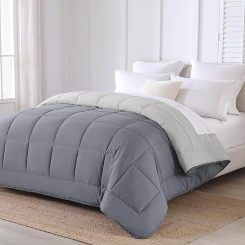 HOMEYA - Edredón de Fibra 300gr/m2 - Edredón Cama 105, Edredón Bicolor Reversible 165x220cm, Relleno Nordico 100% Poliester, Gris/Gris Claro