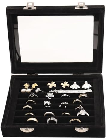 Portagioie in velluto con 7 scomparti e coperchio per anelli, orecchini, collana e gemelli, colore nero