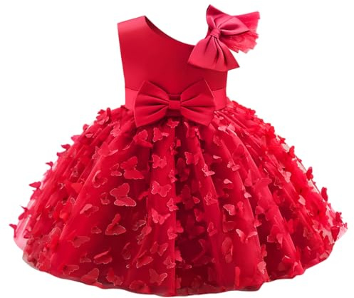 Baby Girls Party Dress Flower Girl Dresses Princess Elegant Butterfly Bowknot Birthday Wedding Christening Gown Toddlers Bridesmaid Sleeveless Mesh Tulle Skirt Red 12-18M
